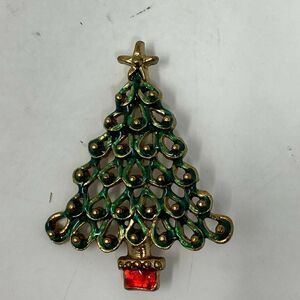 Vintage Enamel Christmas Tree Green Gold Toned Metal Brooch